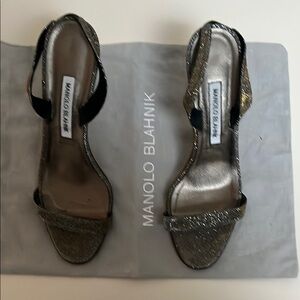 Manolo Blahnik Black and Silver Heels with Rhinestone Straps, size EU 39.5